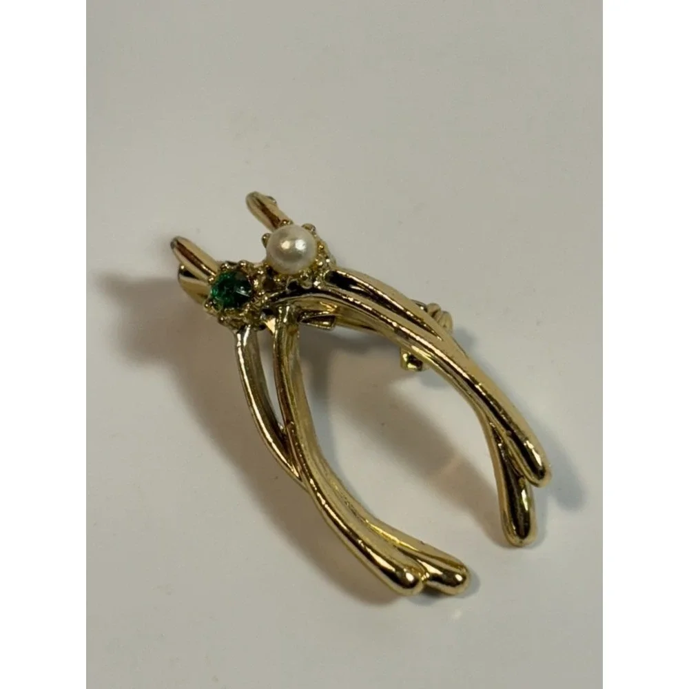 Vintage Brooch Lucky Wish Bone Faux Pearl‎ Green Rhinestone